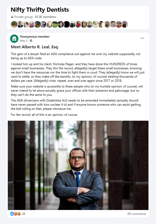 Facebook post on Nifty Thrifty Dentists that describes a lawyer who files ADA compliance suites.